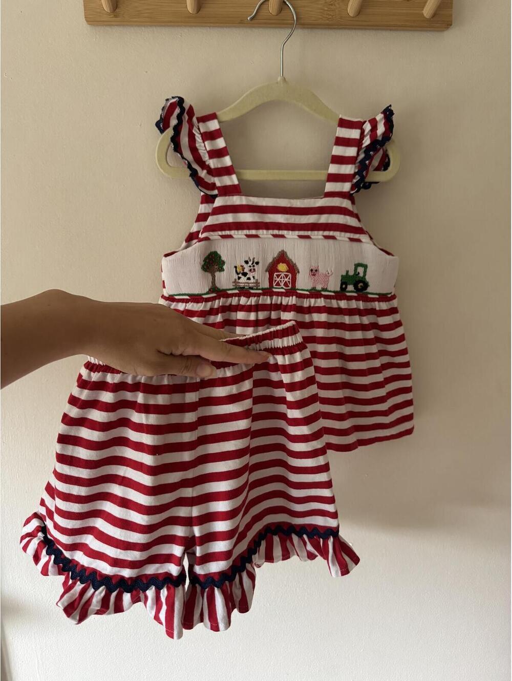 Three Sisters red white and blue striped farm outfit